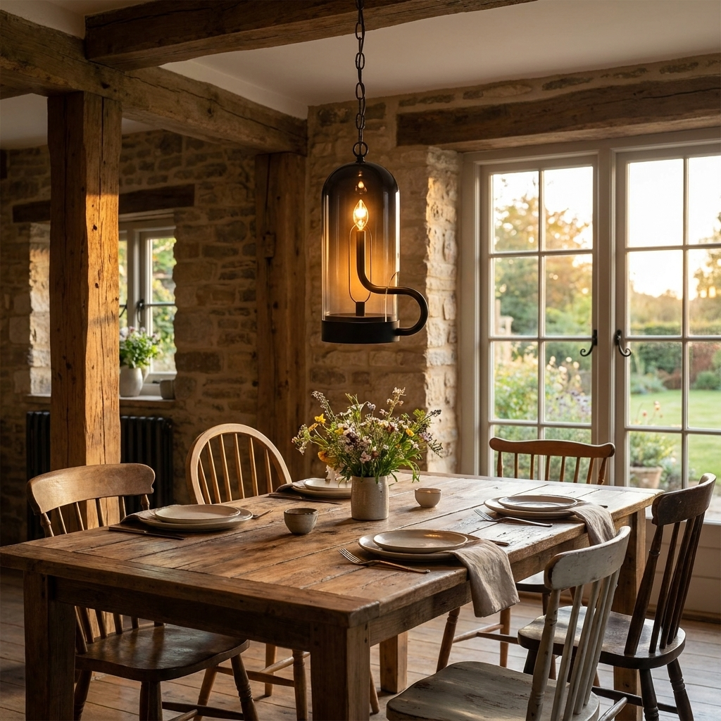 Vintage Pendulum Lantern hanging over rustic dining table lifestyle setting