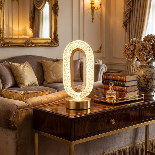 Regal Crystal Lamp on console table in elegant living room lifestyle setting
