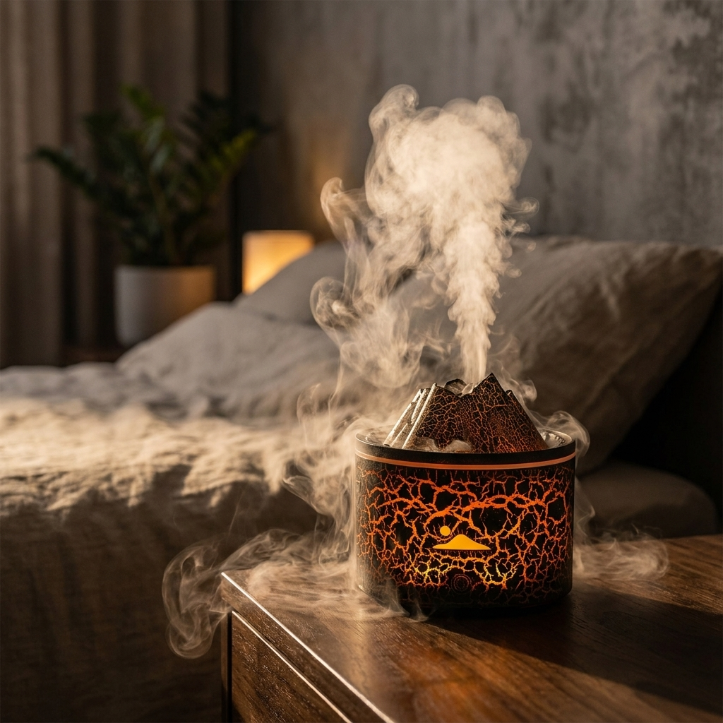 Volcano Humidifier creating atmospheric mist on desk lifestyle setting