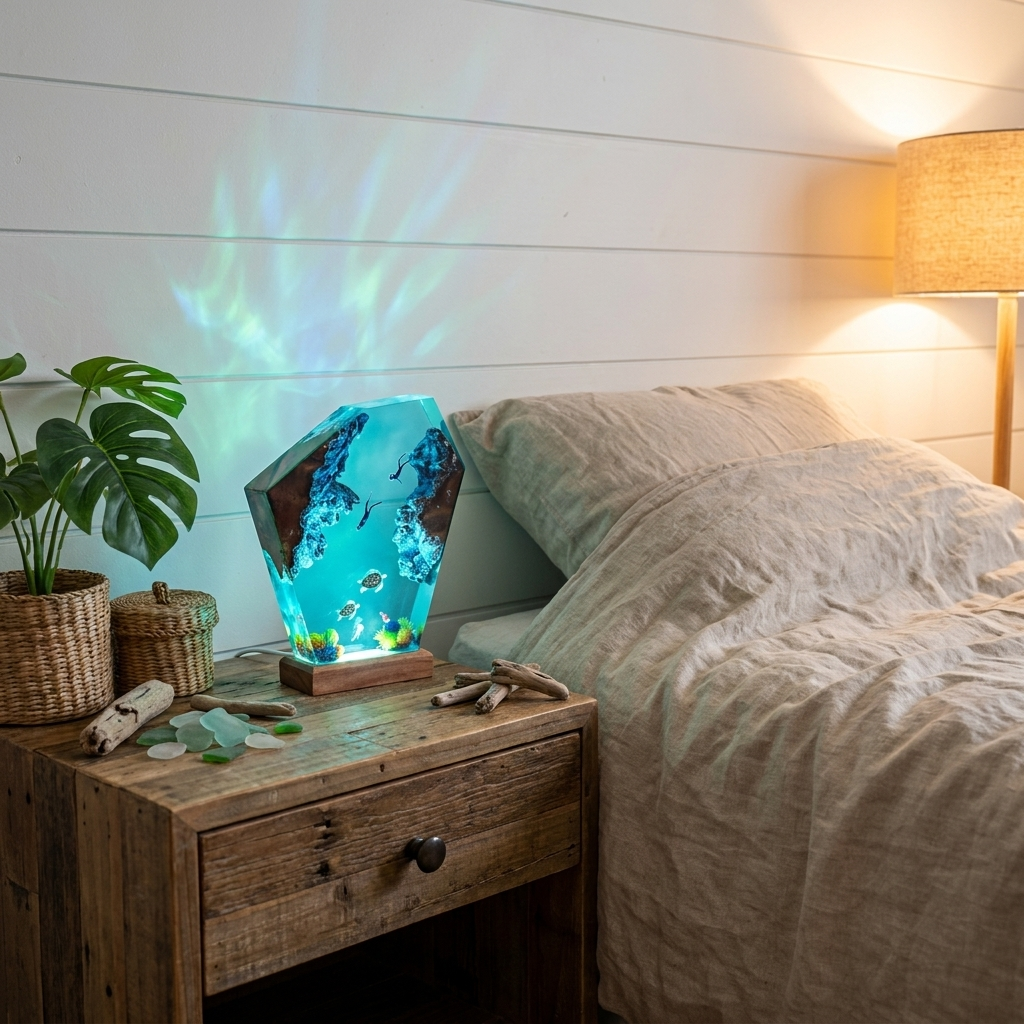 WhisperSea Night Light in coastal bedroom lifestyle setting