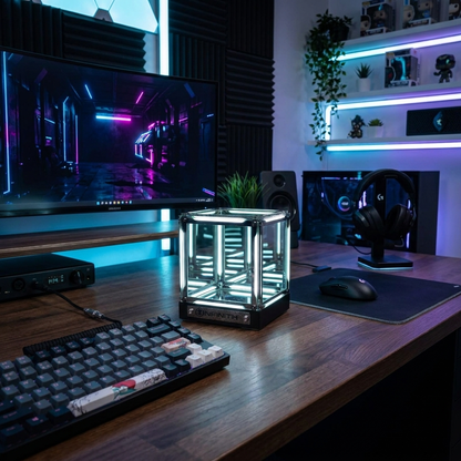 InfinityCube LED infinity mirror cube in gaming setup lifestyle setting