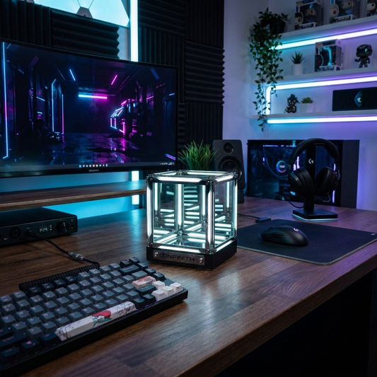 InfinityCube LED infinity mirror cube in gaming setup lifestyle setting