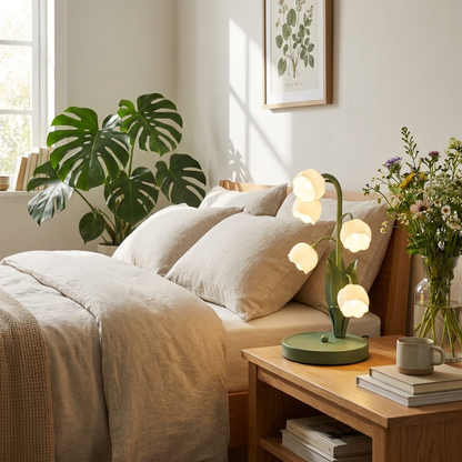 Bell Orchid Lamp in botanical chic bedroom lifestyle setting