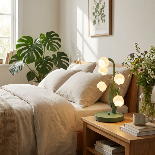 Bell Orchid Lamp in botanical chic bedroom lifestyle setting