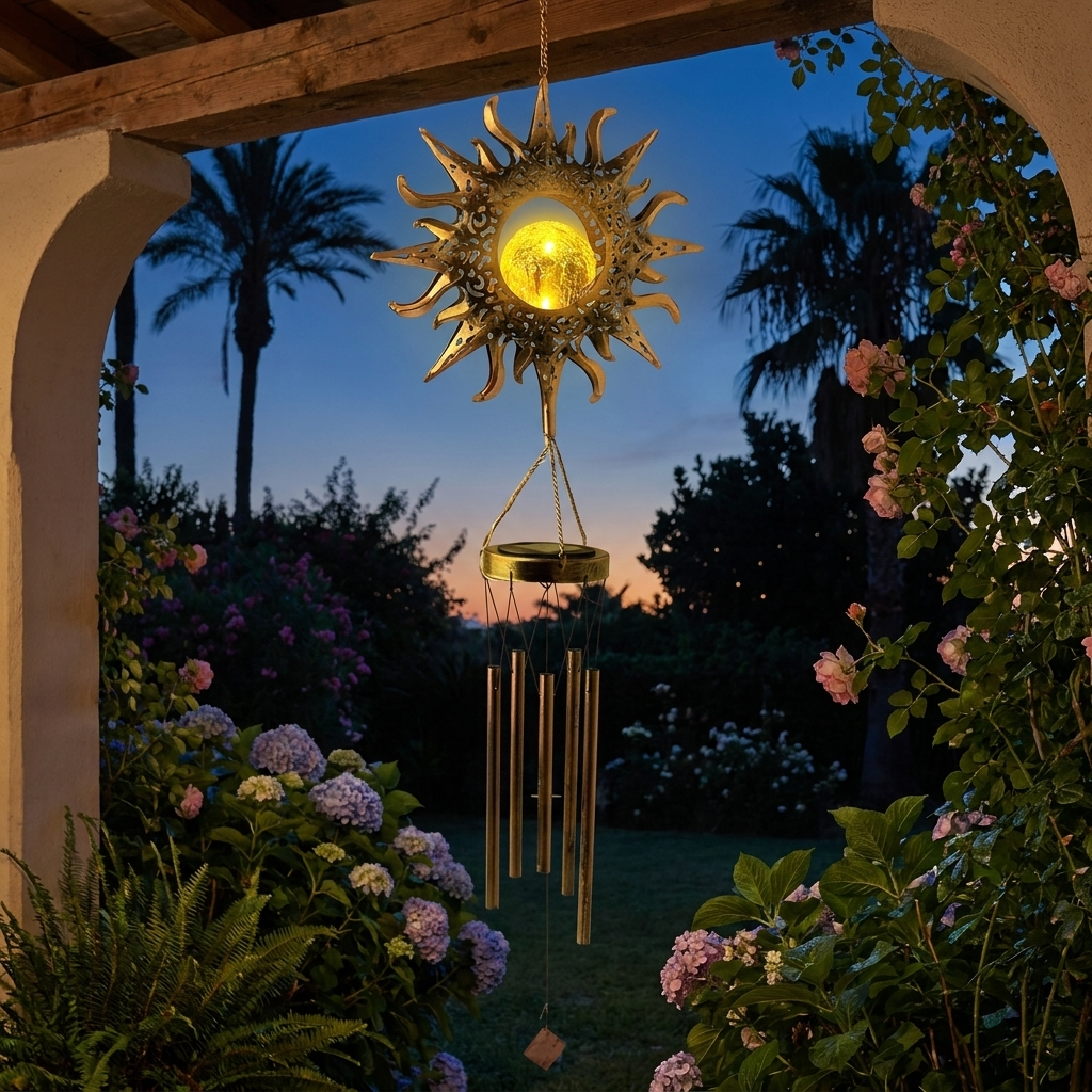 WhisperGlow Solar Wind Chime hanging on porch at dusk lifestyle setting