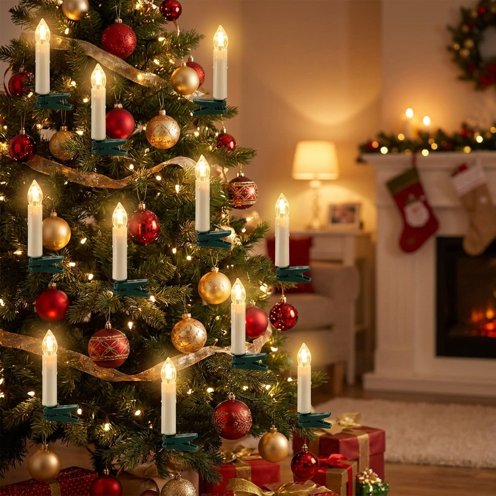 Cordless Clip-On Christmas Candles on decorated Christmas tree lifestyle setting