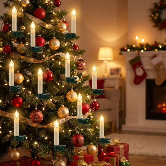 Cordless Clip-On Christmas Candles on decorated Christmas tree lifestyle setting