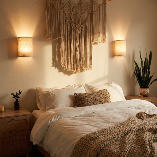 Linen Glow Wall Light on bedroom wall cozy lifestyle setting
