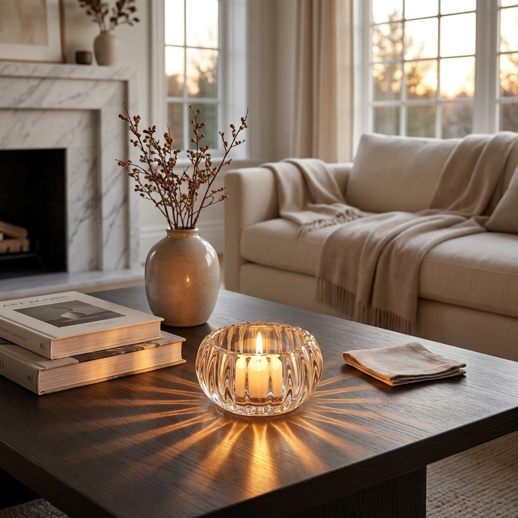 GlowRipple Candle Holder on coffee table lifestyle setting