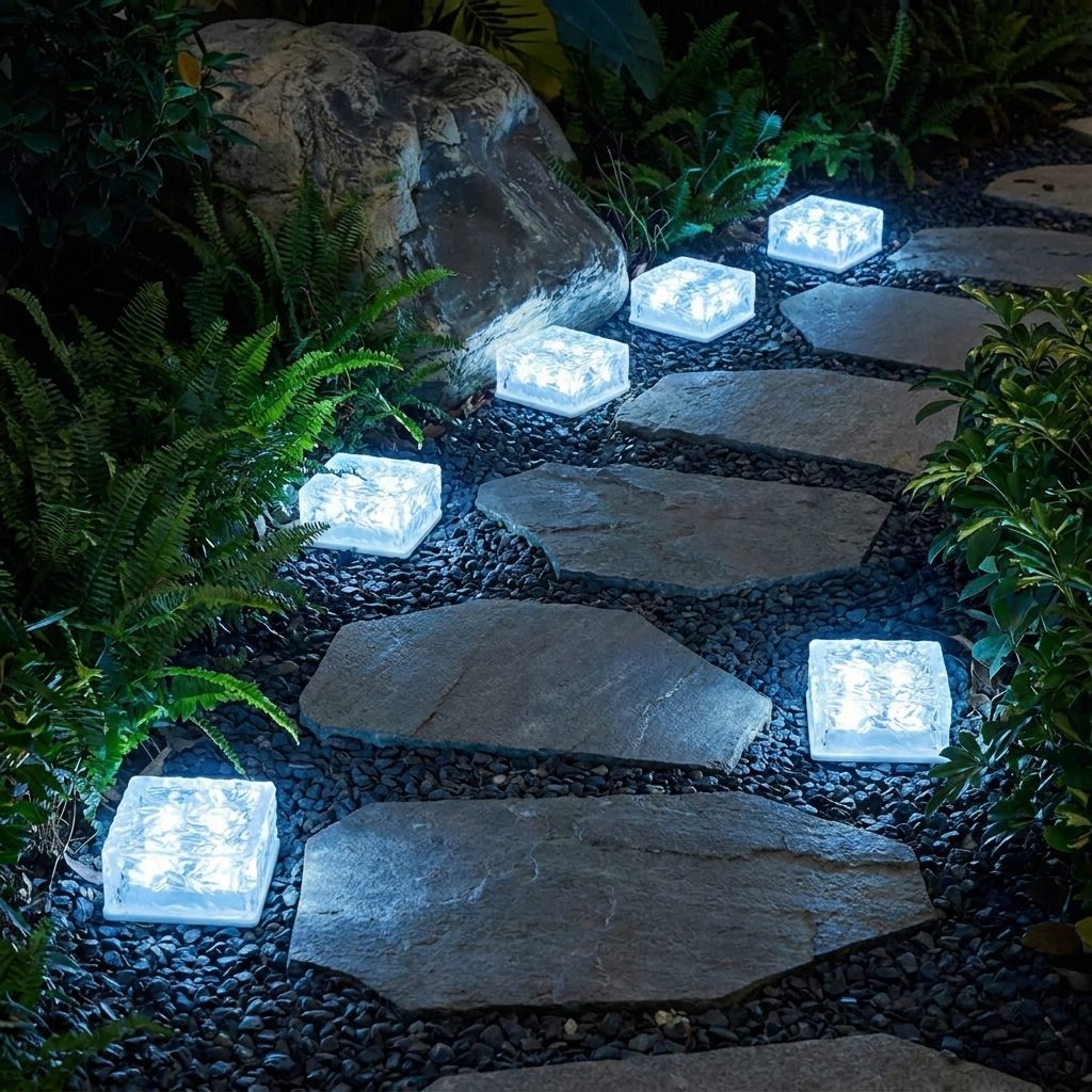 EverFrost Solar Brick in garden path at night lifestyle setting