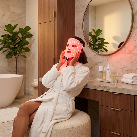 LumaDerm Red Light Therapy Face Mask in wellness room lifestyle setting
