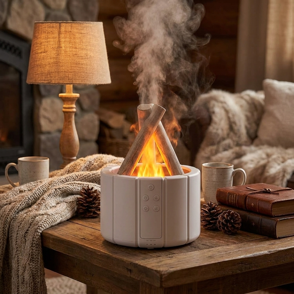 Bonfire Humidifier with flame effect on coffee table lifestyle setting