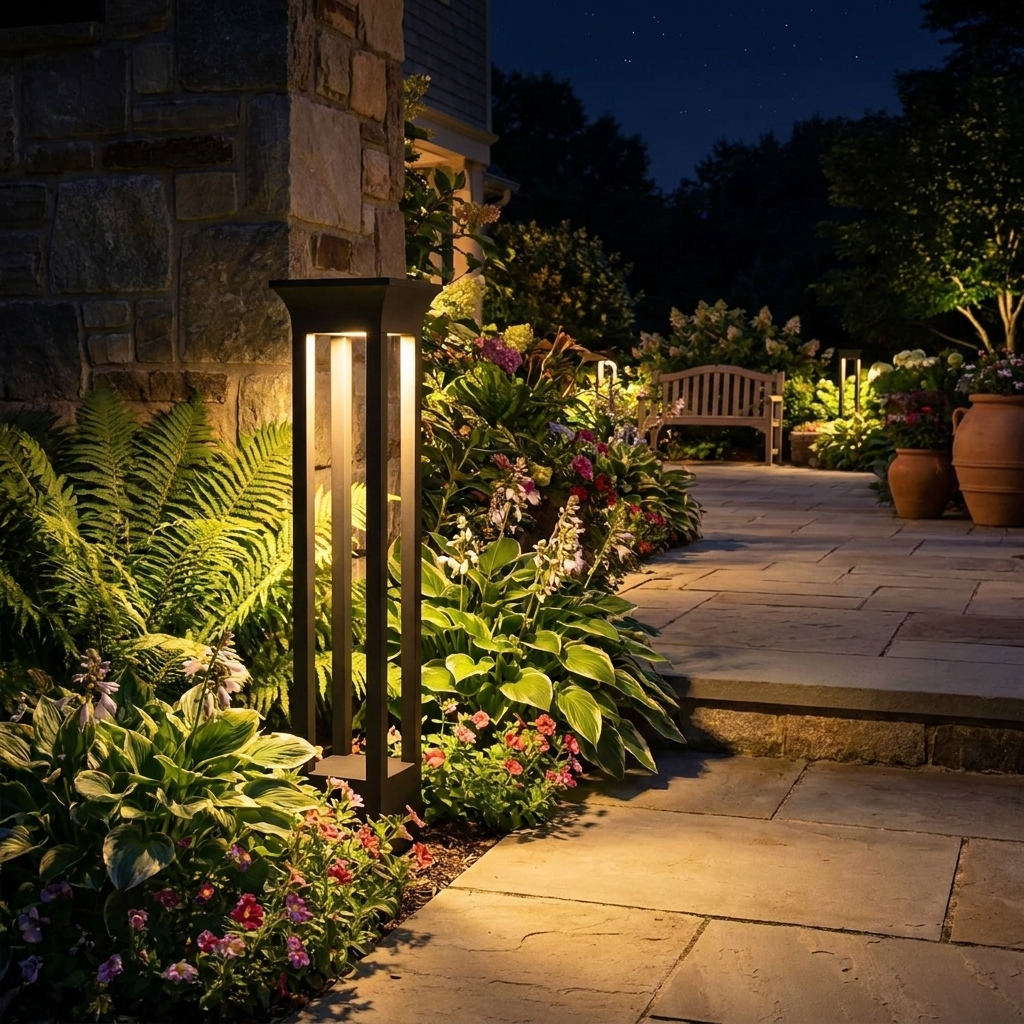 SolaraPillar Outdoor Light at garden entrance at night lifestyle setting