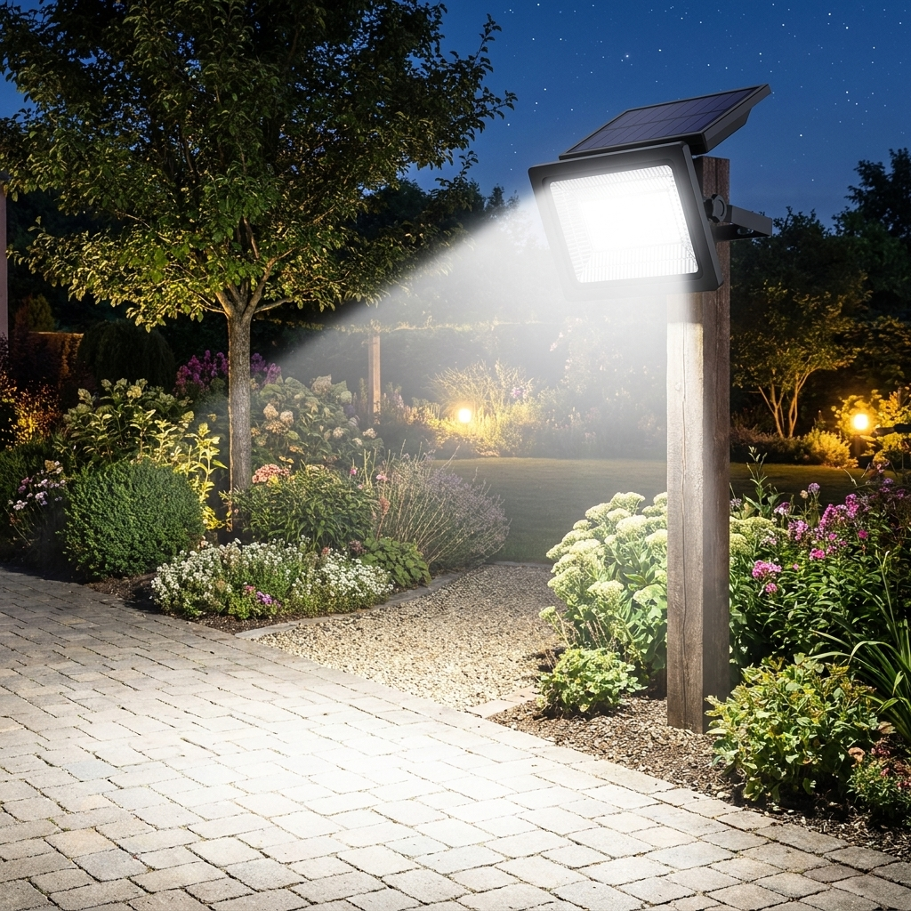 Lumina Solar Floodlight illuminating garden at night lifestyle setting