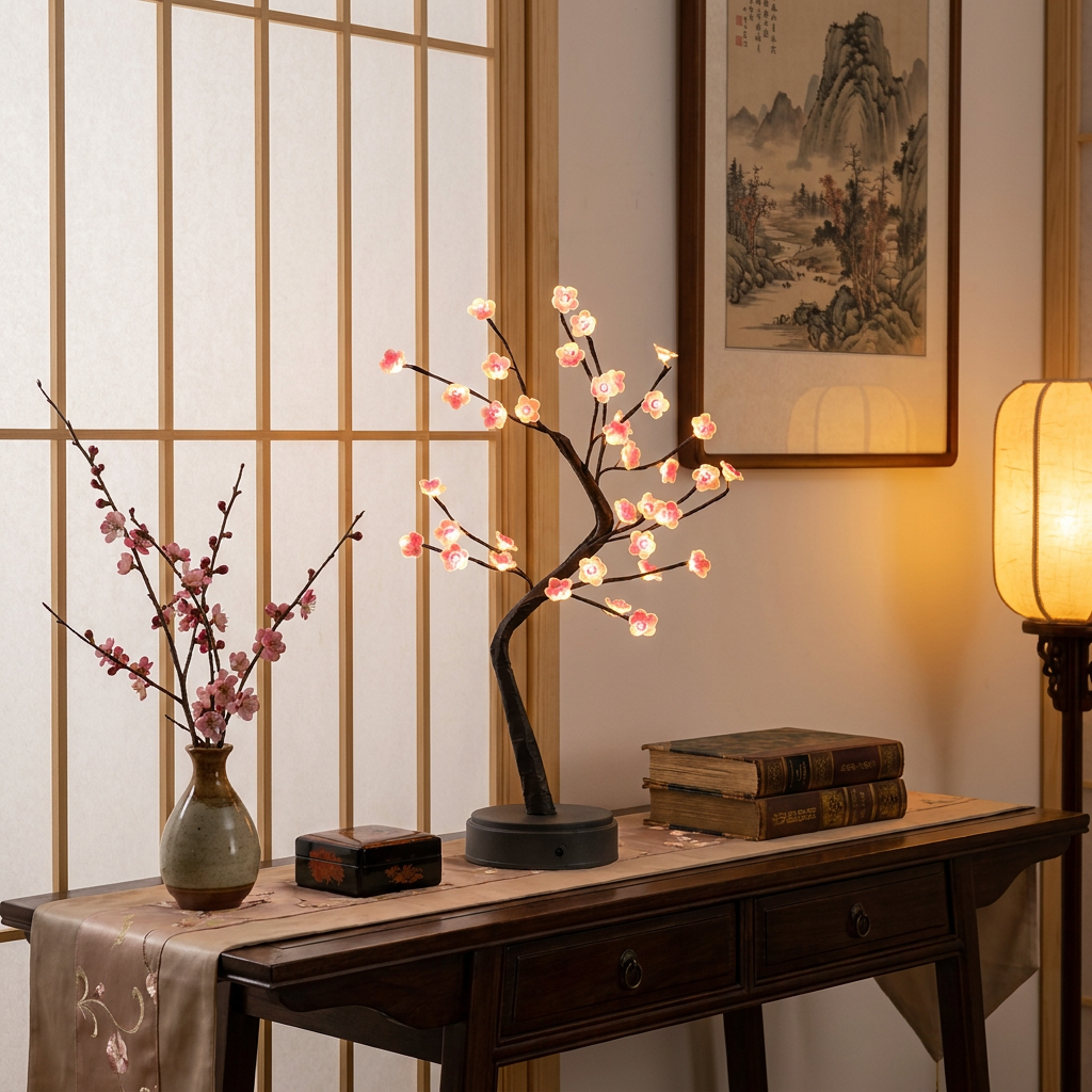 Plum Blossom LED light on shelf in Asian-inspired interior lifestyle setting