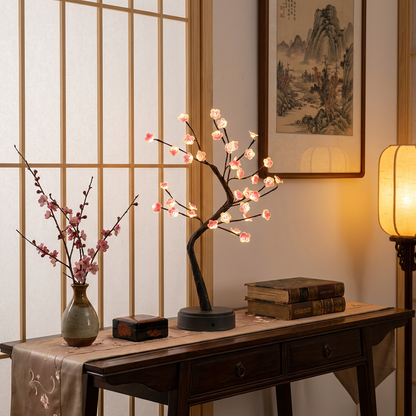 Plum Blossom LED light on shelf in Asian-inspired interior lifestyle setting