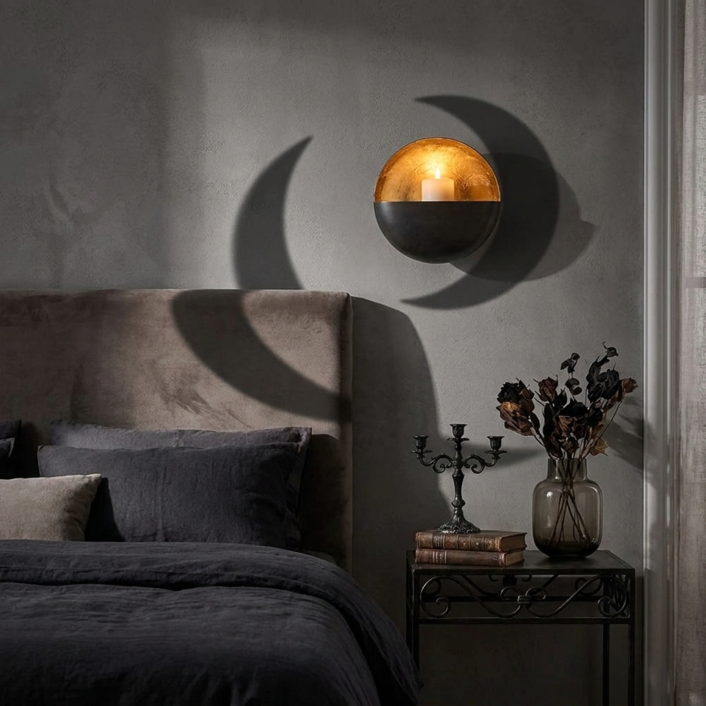 Eclipse Wall Candle Holder on bedroom wall lifestyle setting