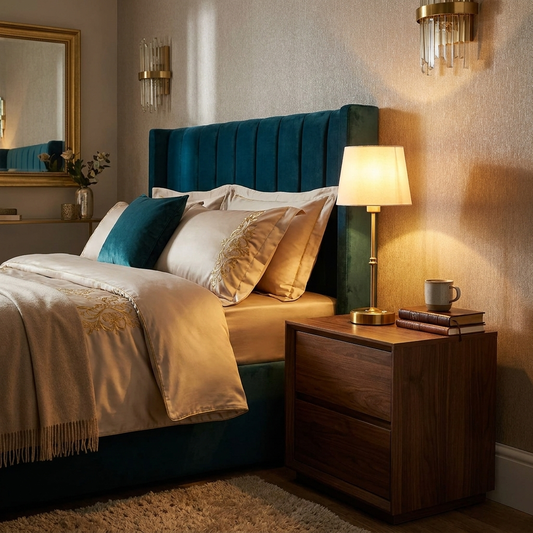 GoldenEase Table Lamp on bedside table in luxurious bedroom lifestyle setting