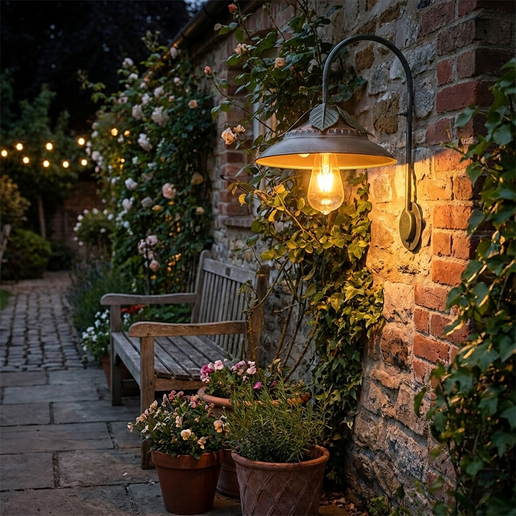 SolaHeritage Wall Light on outdoor garden wall at night lifestyle setting