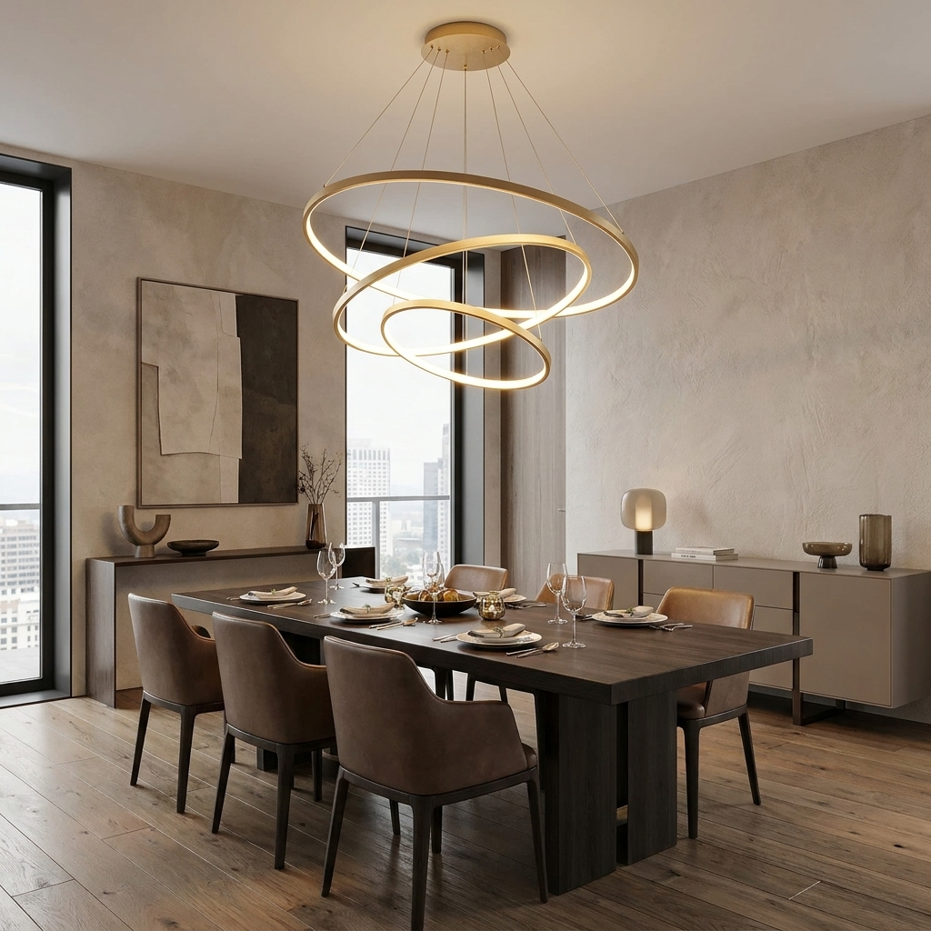 Halo Chandelier in modern dining room lifestyle setting