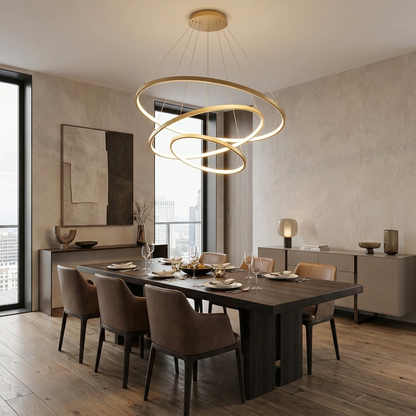 Halo Chandelier in modern dining room lifestyle setting