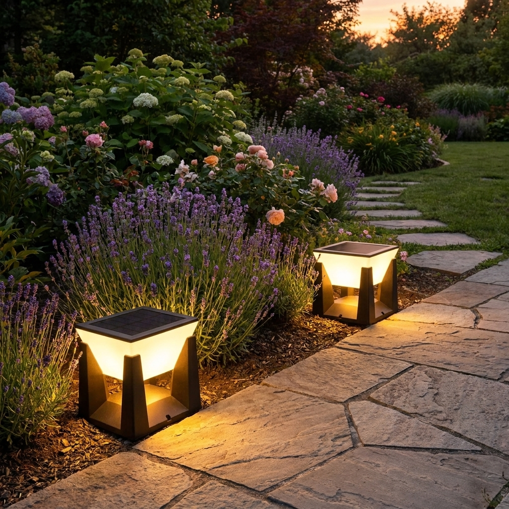SolarPath Outdoor Light in garden walkway at dusk lifestyle setting