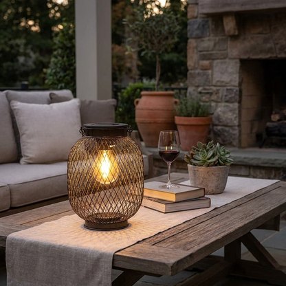 Solara Luminous Lantern on patio table lifestyle setting