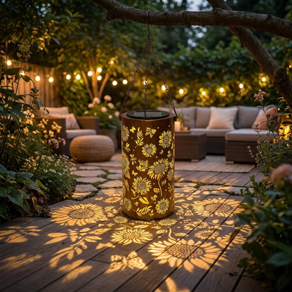 Solar Pattern Lantern hanging in garden at dusk lifestyle setting