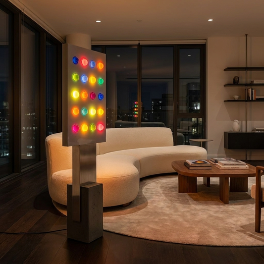 Quiet Voltage lamp glowing in a contemporary lifestyle scene