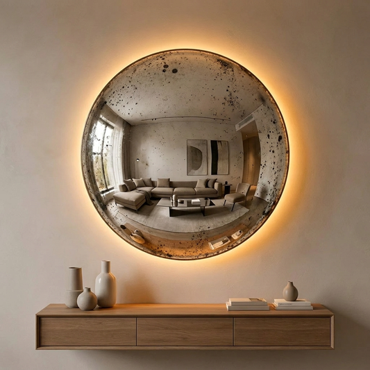 Convex Glow Mirror Antiqued Mercury Halo glowing in a lifestyle scene