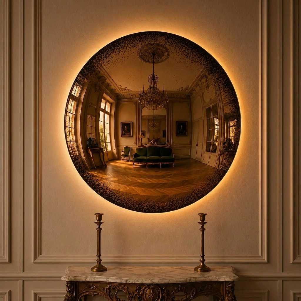 Convex Glow Mirror Antiqued Cognac Halo glowing in a lifestyle scene