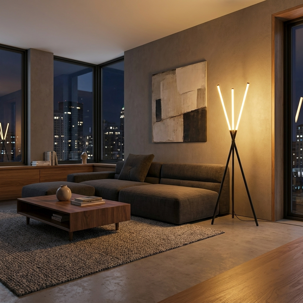 Triform Knox Floor Lamp glowing in a lifestyle scene