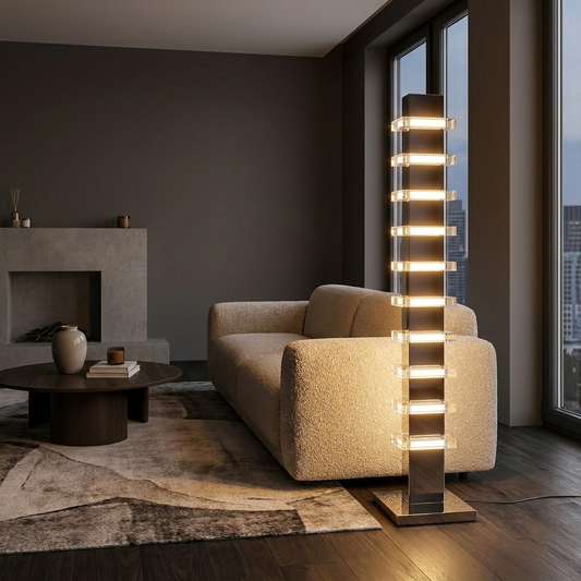 Lucente Floor Lamp glowing in a lifestyle scene