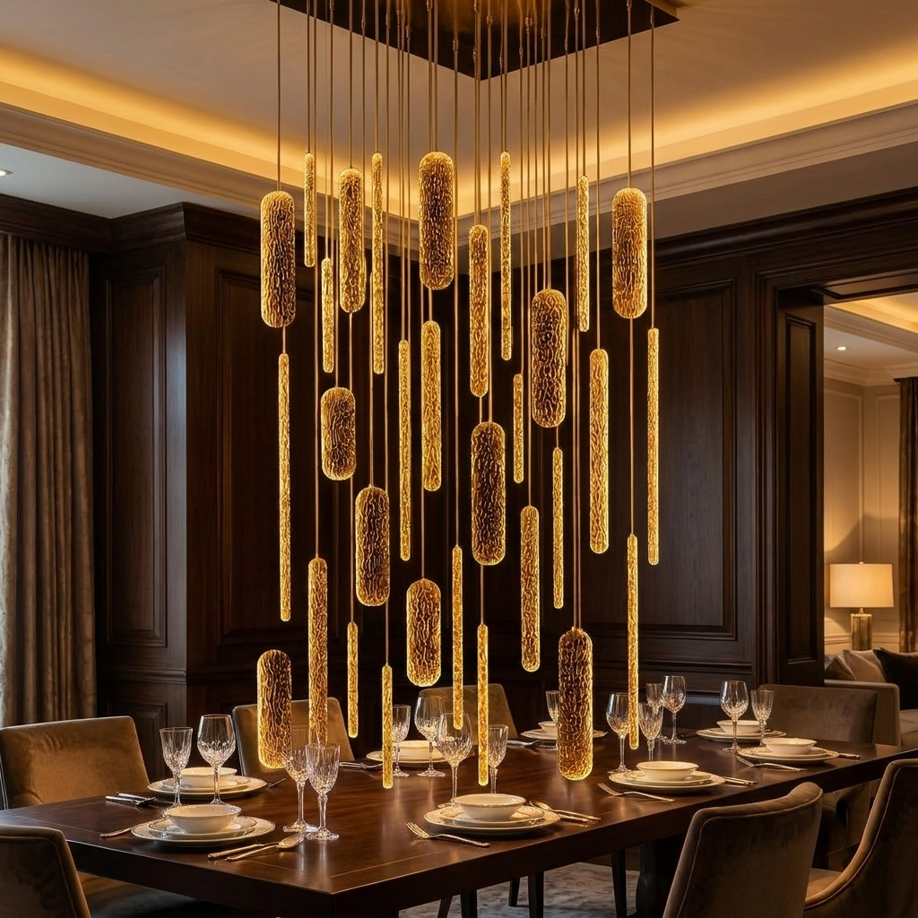 Gilded Descent lamp glowing in a lifestyle scene