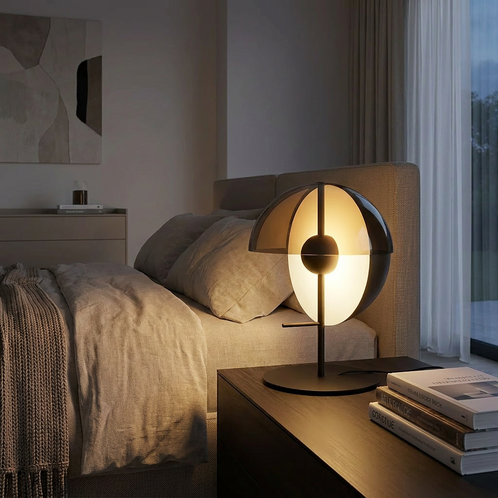 Theia Table Lamp glowing in a lifestyle scene