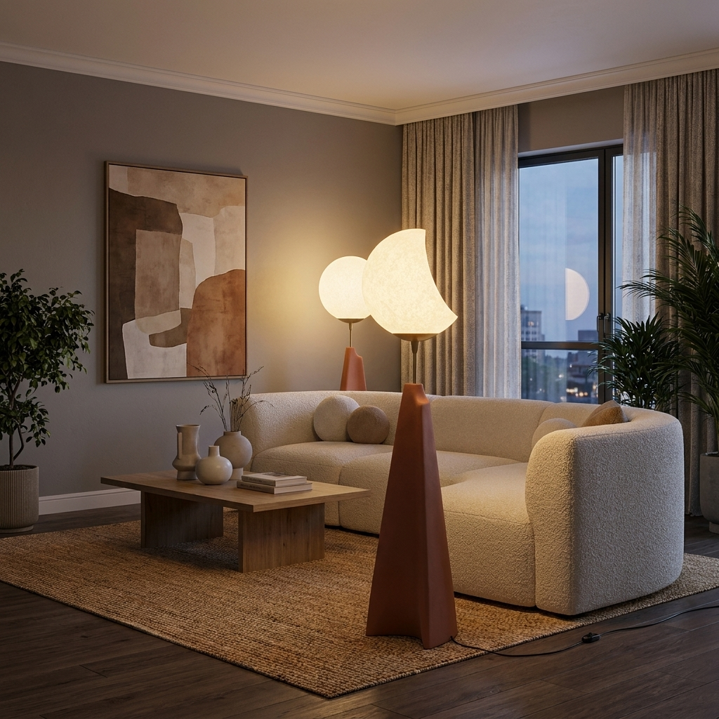 Canyon Moon Floor Lamp glowing in a lifestyle scene