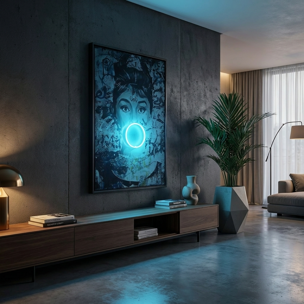 Audrey Hepburn Bubble Gum LED Painting glowing in a lifestyle scene
