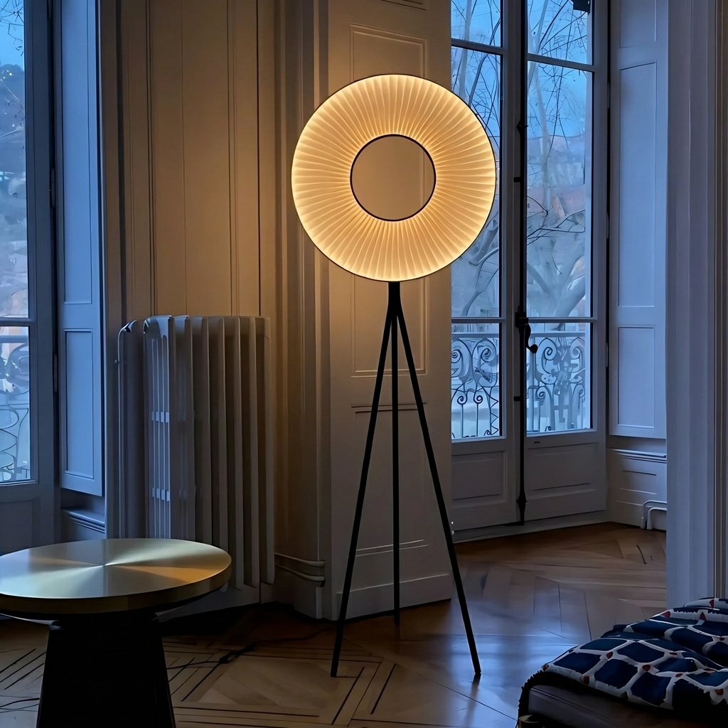 Iris Bahia Single Ring Floor Lamp glowing in a lifestyle scene