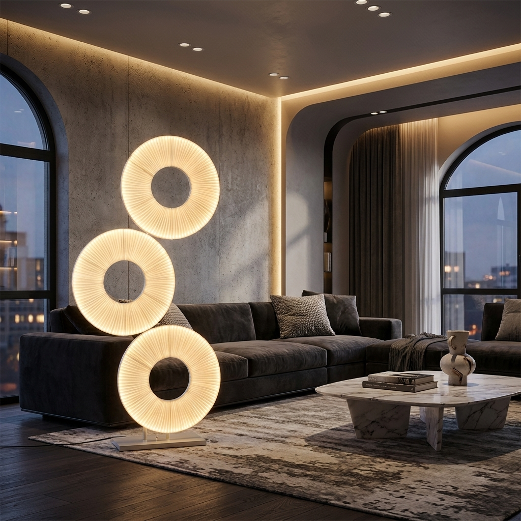 Iris Triple Ring Floor Lamp glowing in a lifestyle scene