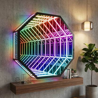 3D Octagon Infinity Mirror glowing in a lifestyle scene