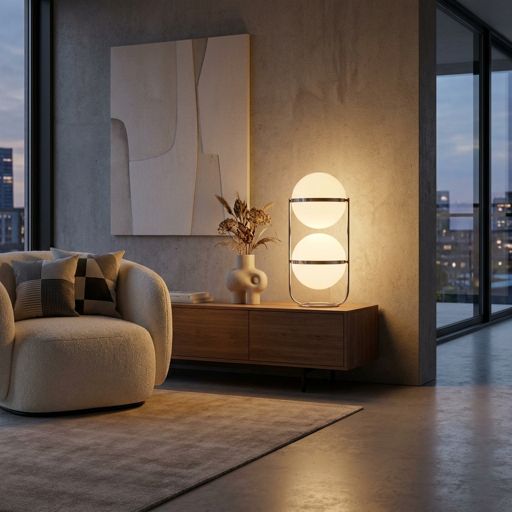 Solus Double Sphere Table Lamp glowing in a lifestyle scene