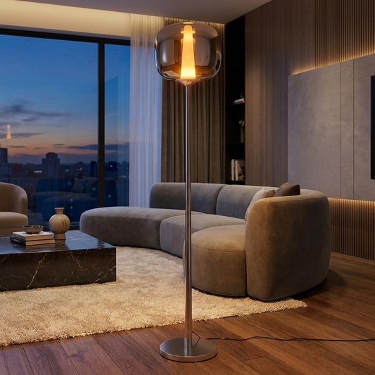 Dusk Dawn Floor Lamp glowing in a lifestyle scene
