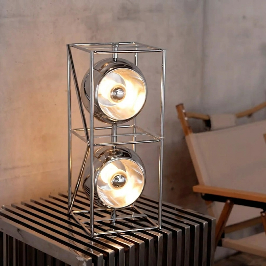 Chrome Spheres Table Lamp glowing in a lifestyle scene