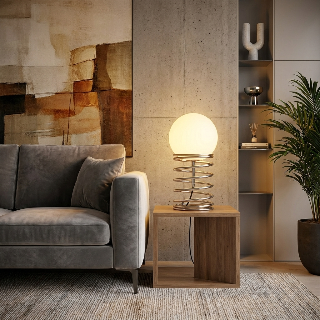 Spiral Spring Table Lamp glowing in a lifestyle scene