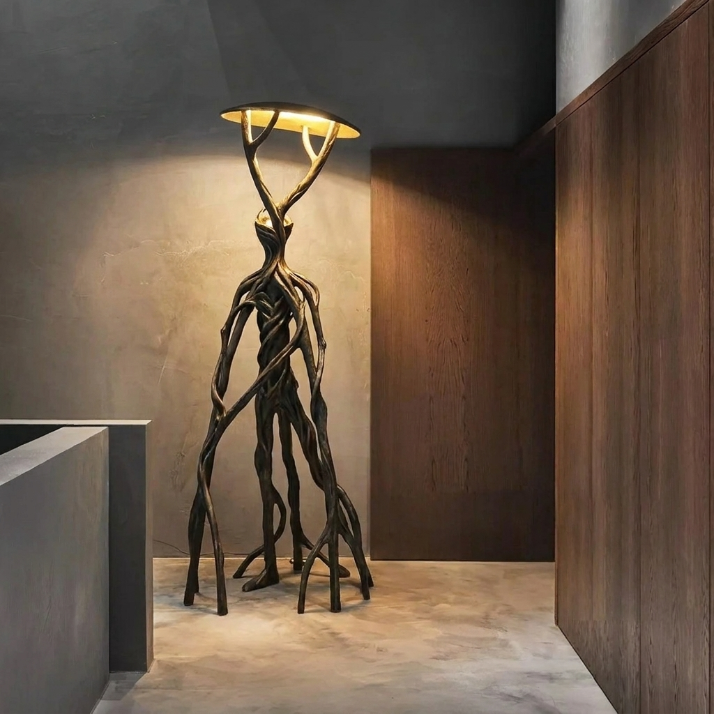 Humanoid Standing Tree Floor Lamp glowing in a lifestyle scene