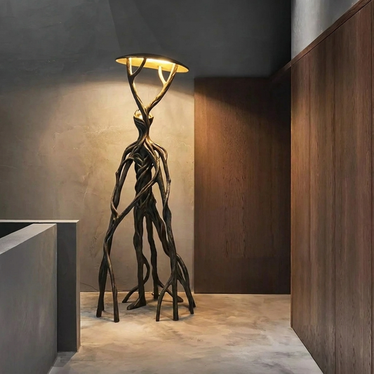 Humanoid Standing Tree Floor Lamp glowing in a lifestyle scene
