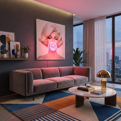 Marilyn Monroe Bubble Gum LED Wall Art glowing in a lifestyle scene