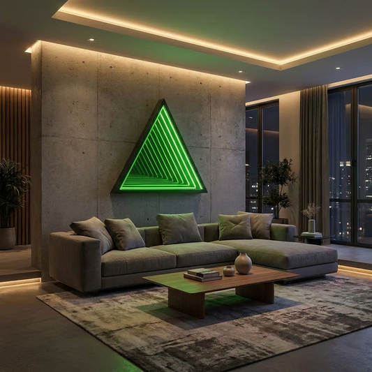 Triangle Infinity Mirror glowing in a lifestyle scene