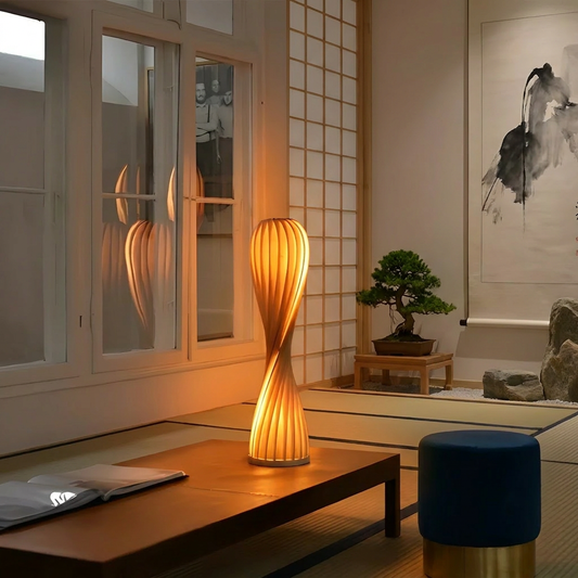 Ozawa Twisted Bamboo Lamp glowing in a lifestyle scene