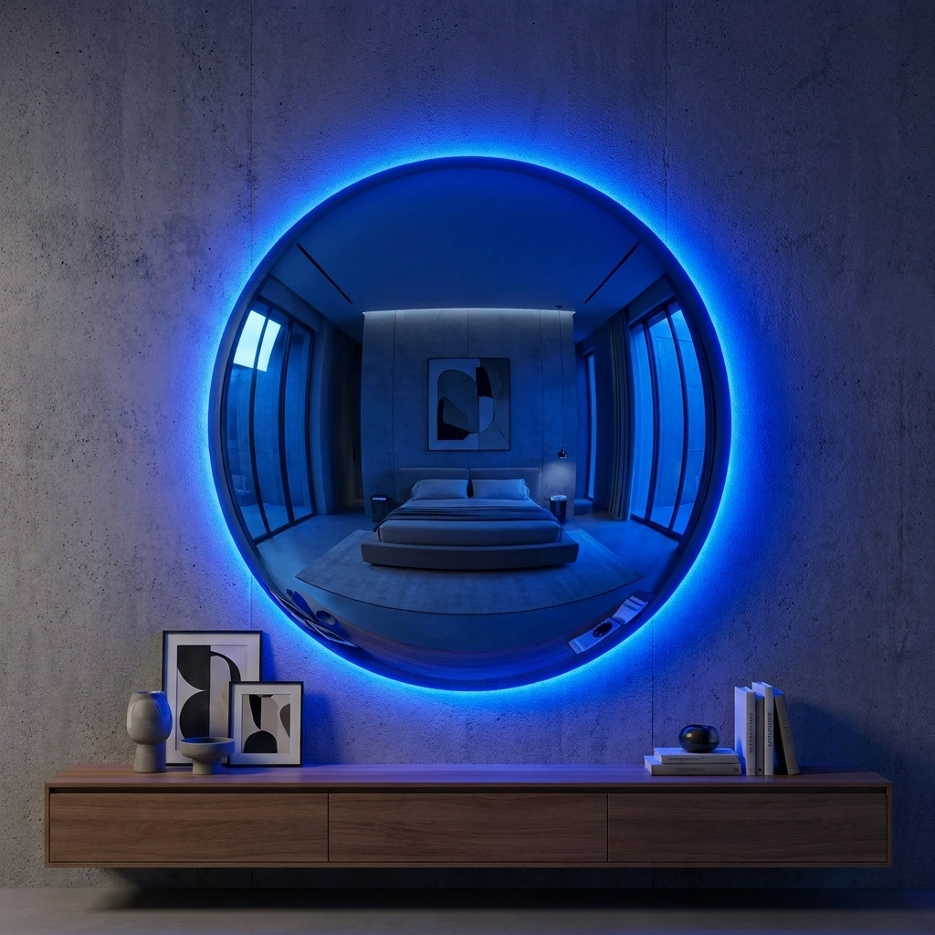 Convex Glow Mirror Deep Blue Halo glowing in a lifestyle scene